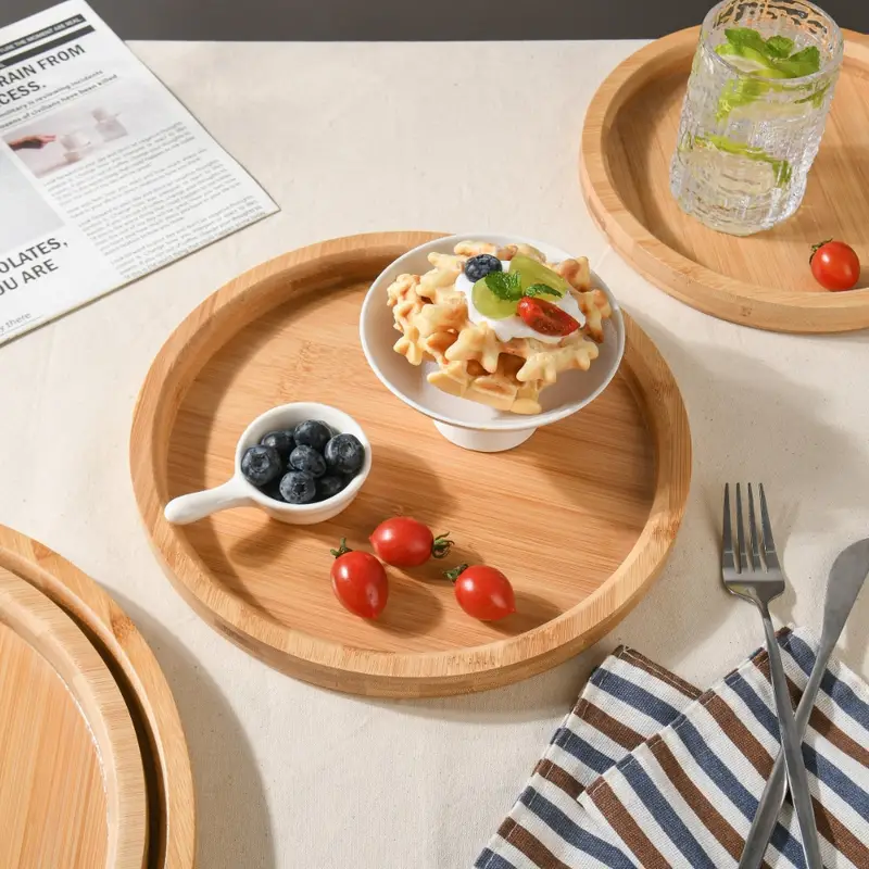 Food Tray Round Serving Bamboo Wooden Tray Dinner Trays Tea - Temu